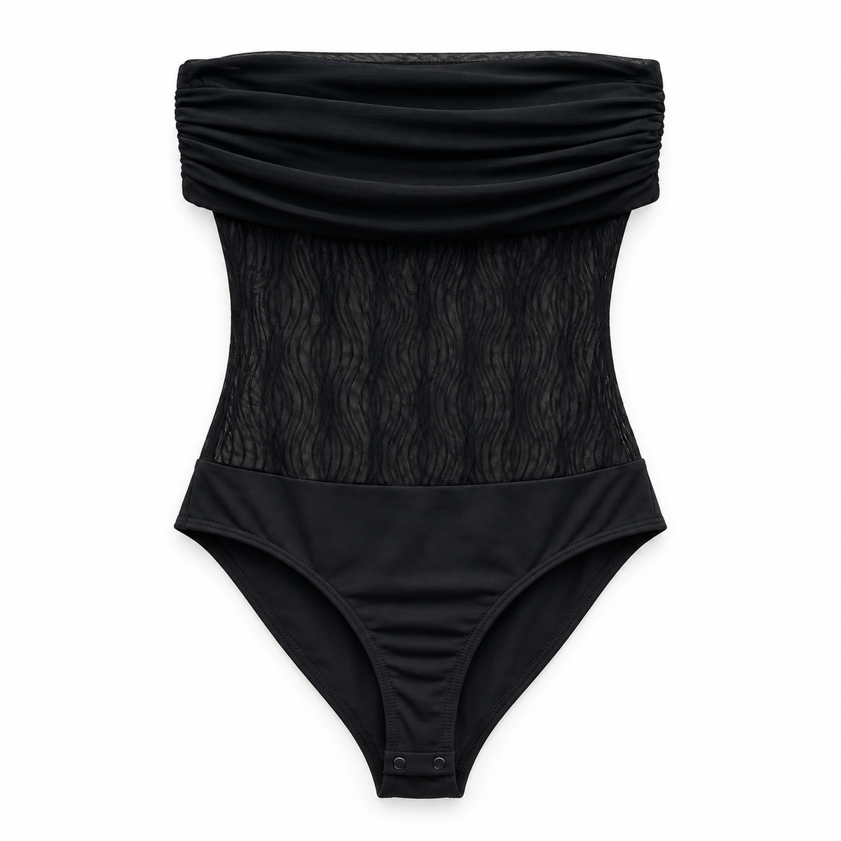 Body preto com drapeado e trama ondulada